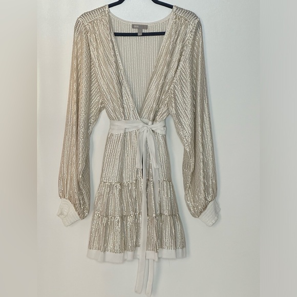 ASOS Champagne Gold/Platinum Metallic Sequins Belted Long Sleeve Wrap Dress - Picture 9 of 15